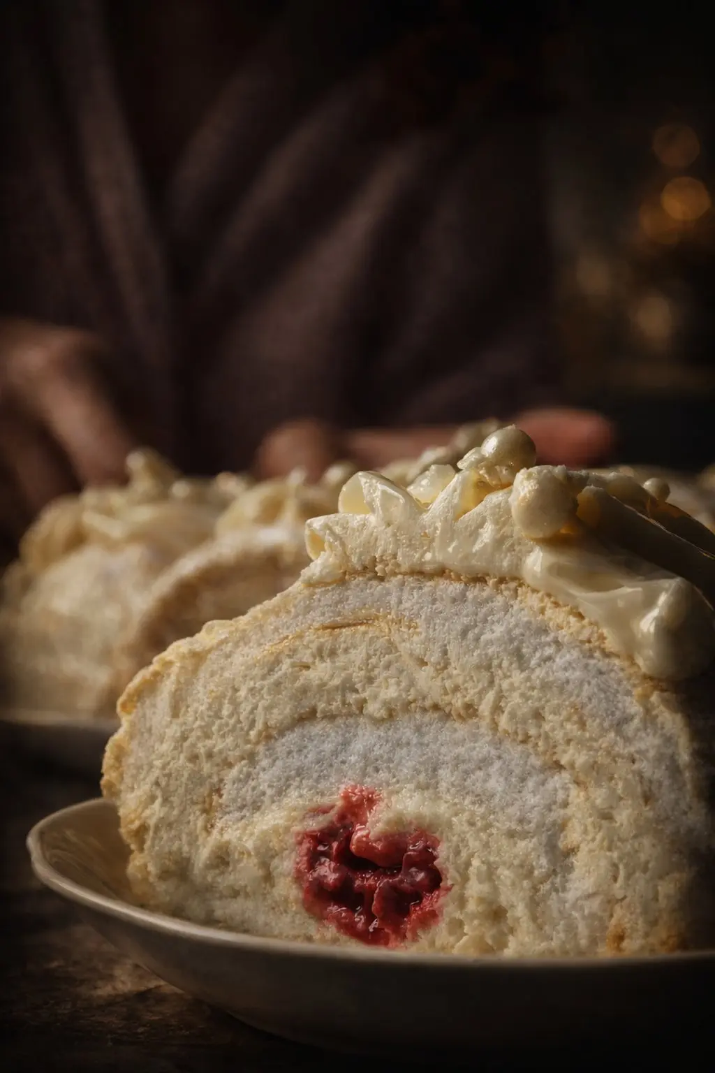 Меренговый рулет на заказ в СПб — срез, видна малина и крем чиз