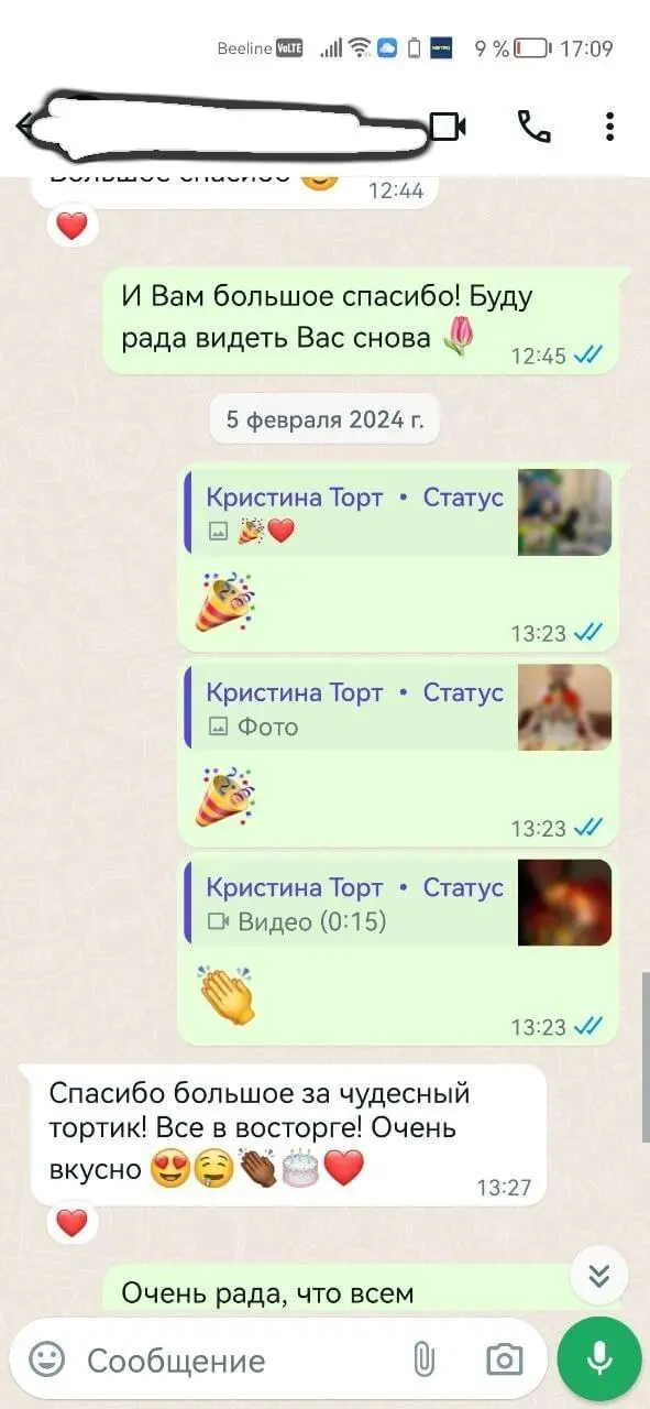 Отзыв клиента о торте Milovi Cake — скриншот переписки 6
